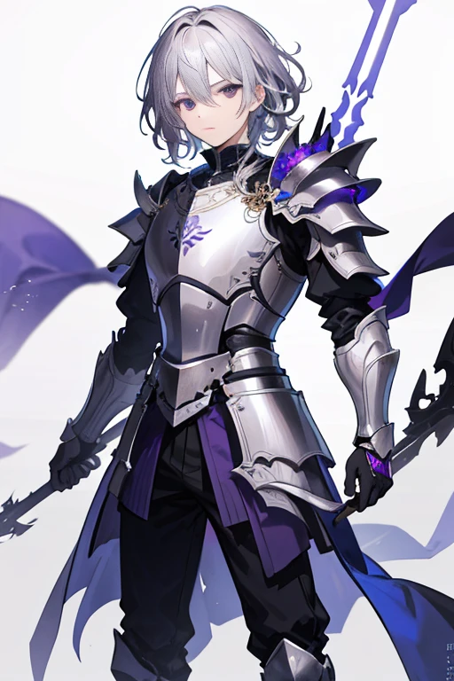 highres,high quality,best quality,detailed,1boy,solo,standing,fantasy,white background, background, character design,tachi-e,gray hair,medium hair,wavy hair, purple eyes,knight, slightly armor,