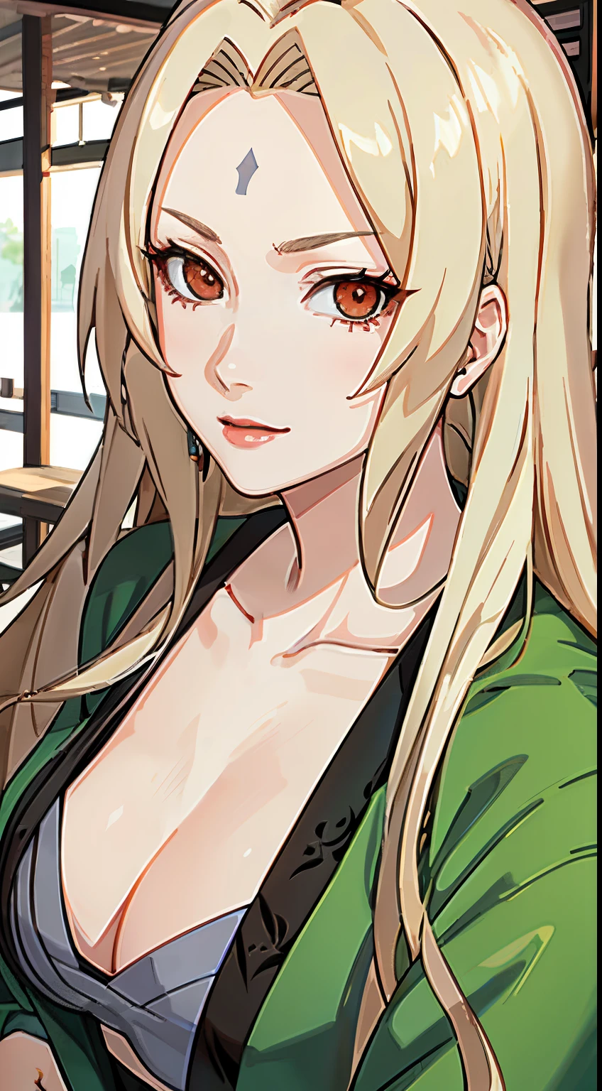 Tsunade， shy，one-girl，blond hairbl，long whitr hair，with brown eye，Red lips，lipsticks，pub，ssmile，Be red in the face，Green coat，Close-up，drink，Piva，sitted，Portrait photo，Upper body photo