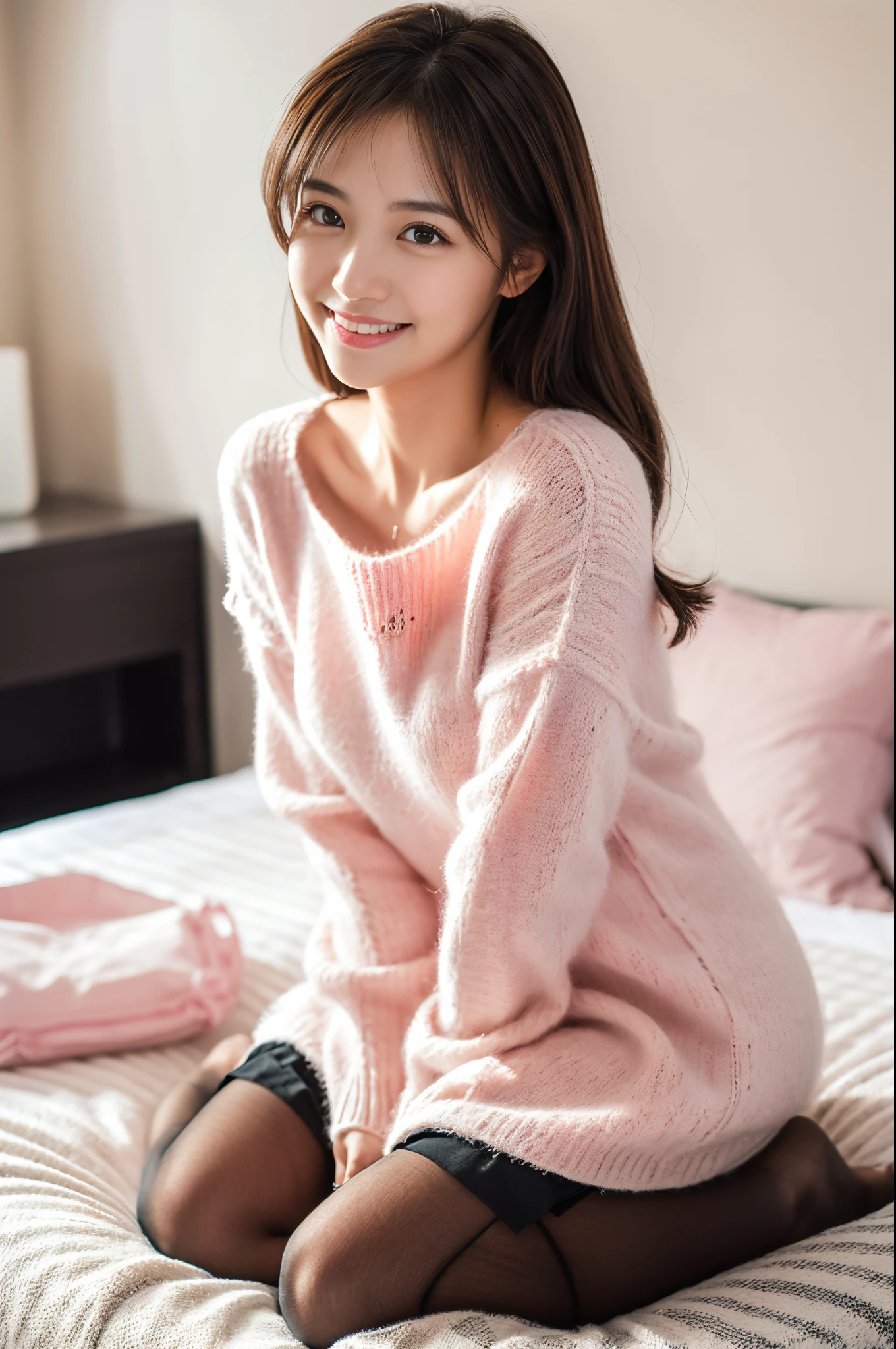 ulzzang -6500-v1.1, (Raw photo:1.2), (Photorealsitic), a beautiful detailed girl, (Real: 1.4), extremely detailed eye and face, ((Soft sweater in pastel colors:1.3))、((Fluffy black and white checked skirt)), ((Ultra-realistic pantyhose:1.2)), selfee, Instagram、game_nffsw, A sly smile、embarrassed from、Embarrassing、Sitting in bed、huge filesize, hight resolution, ighly detailed, top-quality, [​masterpiece:1.6], illustratio, ighly detailed, nffsw, finely detail, top-quality, 8k wallpaper, Cinematographic lighting, 1girl in, 17 age, perfect body type, cute droopy eyes beautiful big eyes、Pieckfinger, ((masutepiece)), Best Quality, eye shadow, Portrait, ((FULL BODYSHOT:1.4))、(Very affectionate smile:1.2)、realistic skin textures、shinny skin、Exposed thighs!!!