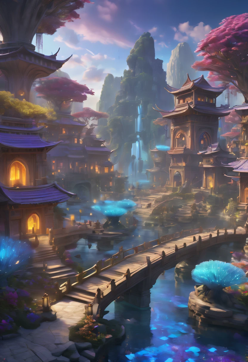 avatar village，《head portrait》In katara, Maya 8K, Asian woman water element, Fantasy style 8k octane rendering,，avatar village，Movie scene agile world. purple and blue colored，Colorful, Fairy Kingdom Forest, Bustling magic town, magical village, Fantasy Town, Magical fantasy  very detailed, Oriental Fantasy Town, intricate rainbow environment, enchanted magical fantasy forest, Whimsical fantasy landscape art
