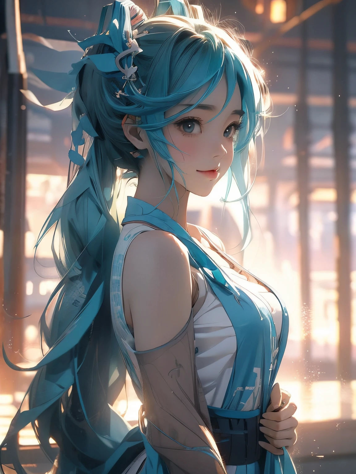 Adult girl, long blue hair with white strands, high ponytail, cyan eyes, blue and white sleeveless Chinese dress, fan, gold jewelry, serious look, security guards, masterpiece, high quality