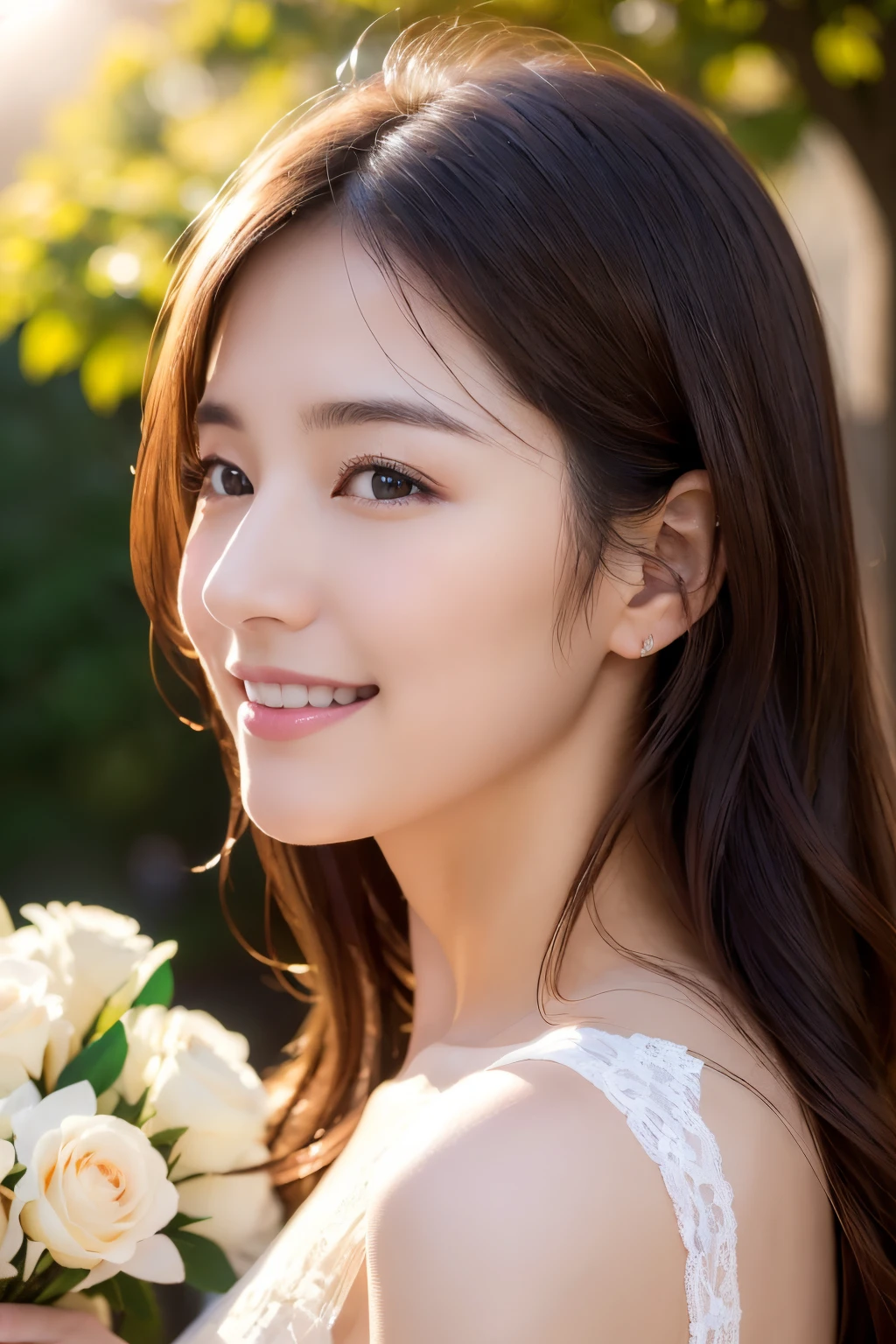 (top-quality、8K、32K、masterpiece,)Beautuful Women、Have a large bouquet、dark brown eyes、Very delicate eyes((real face))natural soft light、Illuminated by sunlight、Warm atmosphere((no makeup on my face)profile、smile