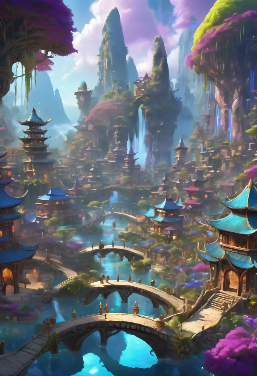 avatar village,Movie scene agile world. purple and blue colored,Colorful, Fairy Kingdom Forest, Bustling magic town, magical village, Fantasy Town, Magical fantasy very detailed, Oriental Fantasy Town, intricate rainbow environment, enchanted magical fantasy forest, Whimsical fantasy landscape art