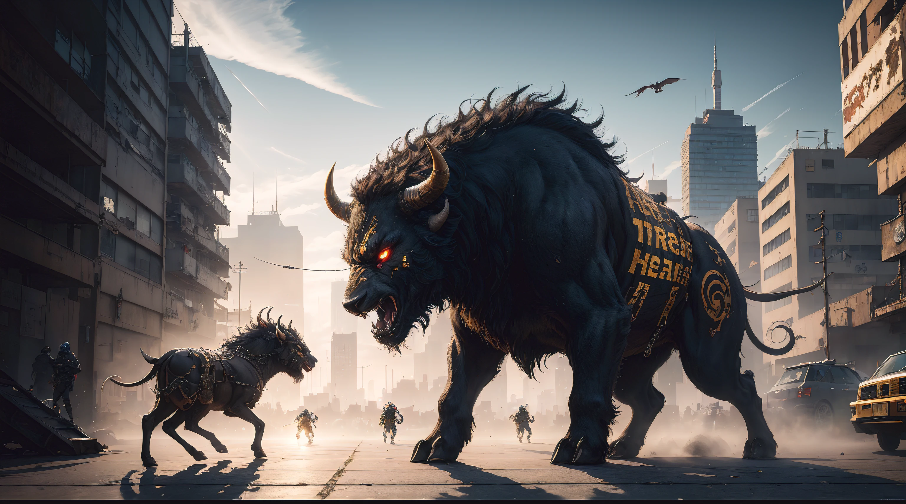 highres, shadows, absurdres, best_quality, ultra_detailed, 8k, extremely_clear, photograph, beautiful, sharp focus, hdr, buffalo, demon king, ferocity, pride, strength, determination, patience, wealth, nobility, royalty, class, tycoon, upper class, social class, power, fantastic location, dream, on a mountain filled with cyberpunk gold, silver and gems