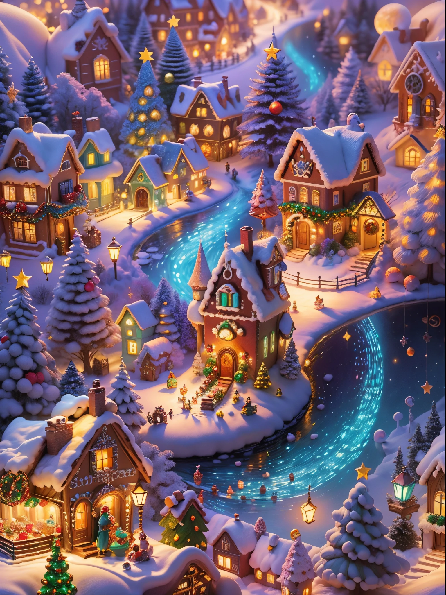 (tmasterpiece),(ultra - detailed:1.3),Best quality at best,(Sparkling:1.2),(Christmas village in dream fairy tale:1.4),(Van Gogh style Christmas architecture: 1.5),(The moon empty),((Delicious sweets,Christmas tree, gifts, Christmas stockings, cute gingerbread man,chocolate house splash)), Illustration style, and decorations, Fantasy Christmas Town, Lovely design style, natta,snowfield,moon full,Vibrant colors、 ((Whimsical and charming fantasy)), Surreal portrait, (Fantasy themed fairy tale village), (whimsical architectural decorations), (Colorful, Landscape full of candy), (enchanting, Magical scenery), (A vibrant, candy colored building), (Candy and Gingerbread Trail), (Candy Castle) in distance, (Rich, fantasticcolors), (Twinkling starour dimensional dream), (Psychedelic and mesmerizing atmosphere), (Playful composition), (Vivid lighting effects), 1.4x realism,hyper HD,Shown in this beautiful scene,(Very meticulous,Reasonable design,Clear lines,High- sharpness,tmasterpiece,offcial art,movie light effect,8K)