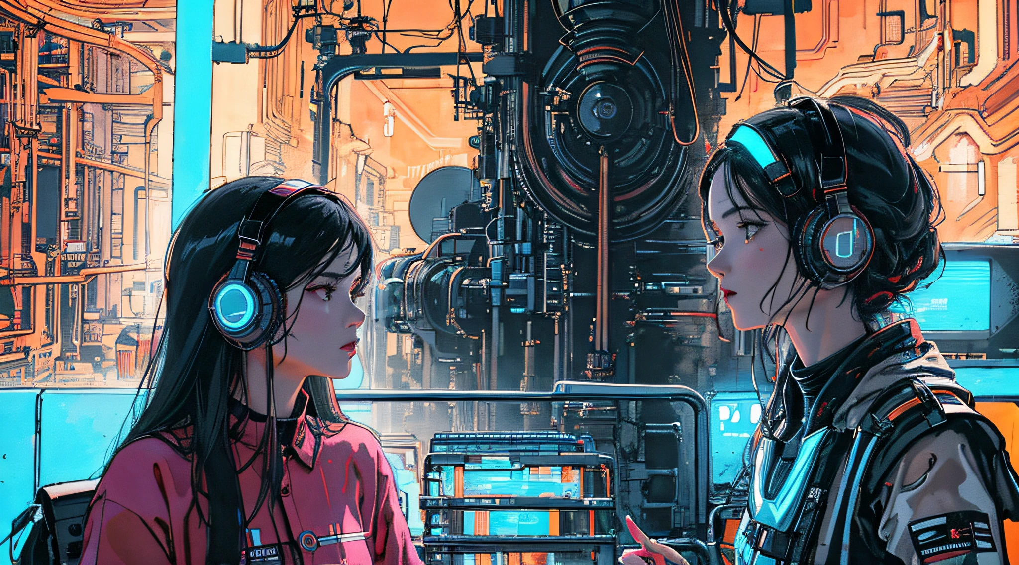 (best quality,4k,8k,highres,masterpiece:1.2),ultra-detailed,(realistic,photorealistic,photo-realistic:1.37),vibrant colors,beautiful detailed eyes,beautiful detailed lips,extremely detailed eyes and face,longeyelashes,modern digital art,indie music,sci-fi,neon lights,nighttime scenery,heavenly body illustration,digital painting,futuristic cityscape,animated characters,girl with headphones,glowing city skyline,flying sparks,star-filled sky,ethereal atmosphere,halo around the girl,electric blue and pink hues,reflective surfaces,high-tech gadgets,exquisite details,cyberpunk aesthetic,vivid colors,neon signage,shimmering effects,soft glowing lights,artificial intelligence theme,outer space elements,cosmic energy,fast-paced motion,fluid brushstrokes,intense emotions,uplifting and dynamic composition,contrast between darkness and light,energetic lines and movement,otherworldly feel,interstellar travel concept,futuristic technology,amazing visual impact