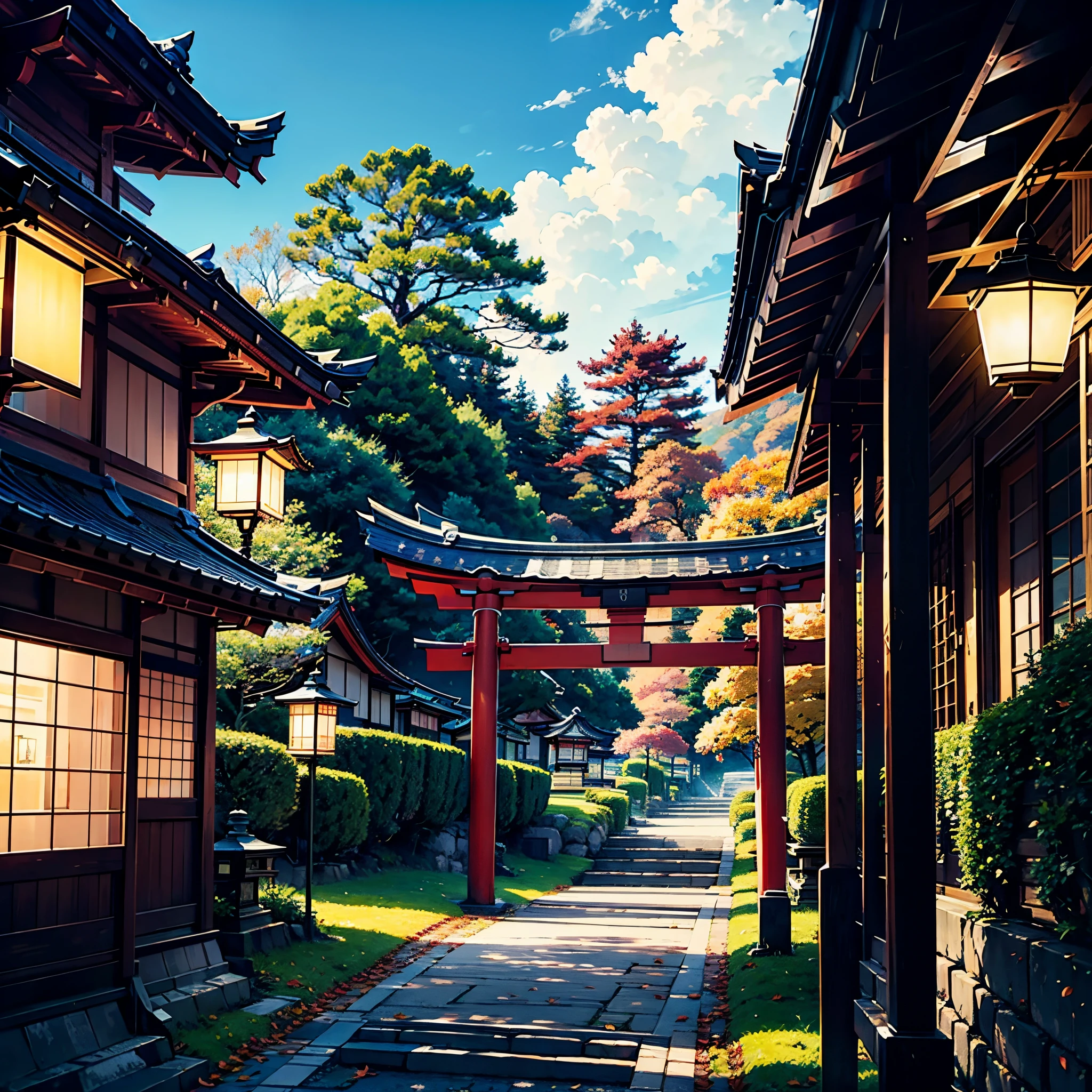 Best Quality、masutepiece、8K、Colored leaves、shrines、torii gate(jpn、Evening glow、mare)、autumnal