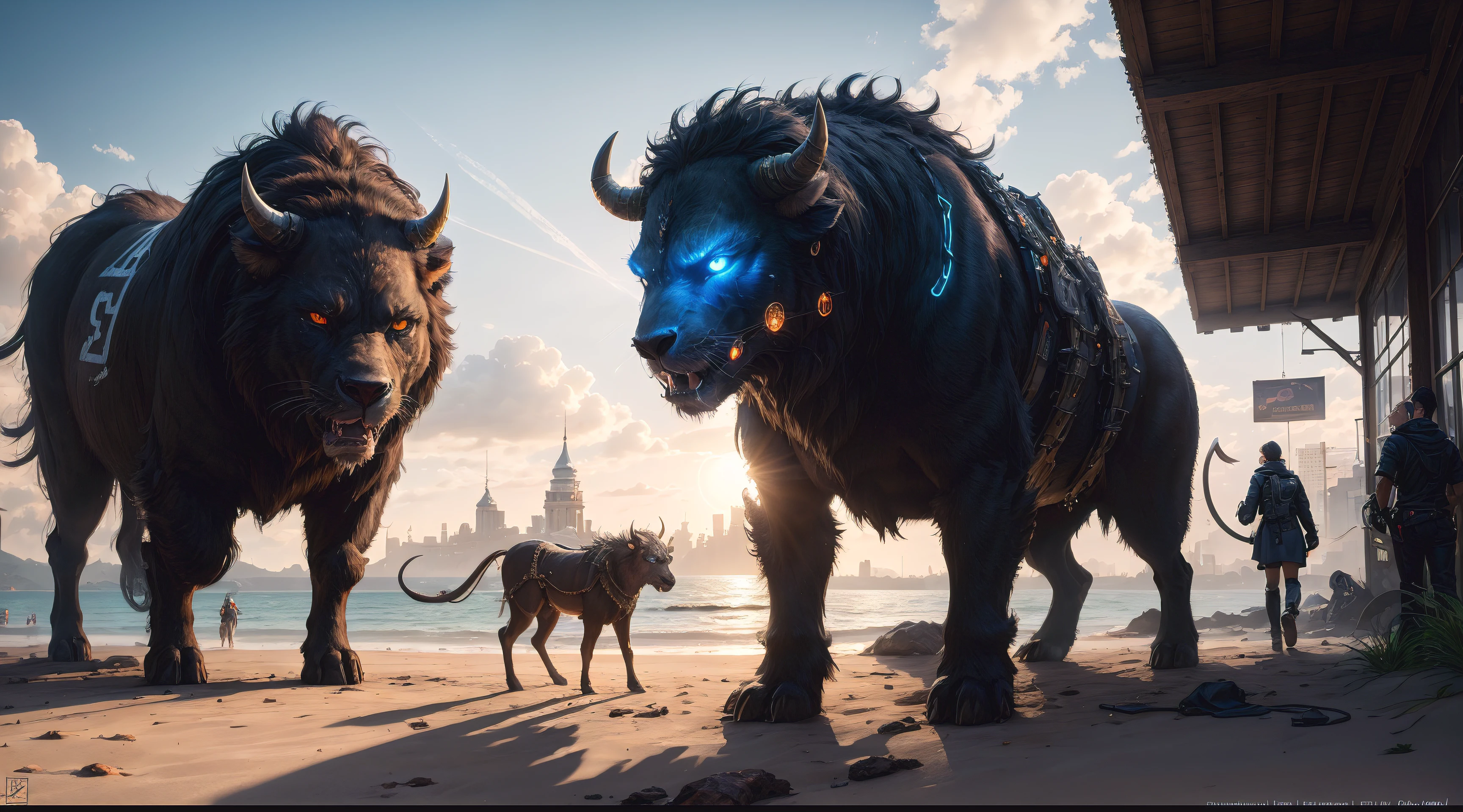 highres, shadows, absurdres, best_quality, ultra_detailed, 8k, extremely_clear, photograph, beautiful, sharp focus, hdr, buffalo, demon king, ferocity, pride, strength, determination, patience, wealth, nobility, royalty, class, tycoon, upper class, social class, power, fantastic location, dream, on a mountain filled with cyberpunk gold, silver and gems