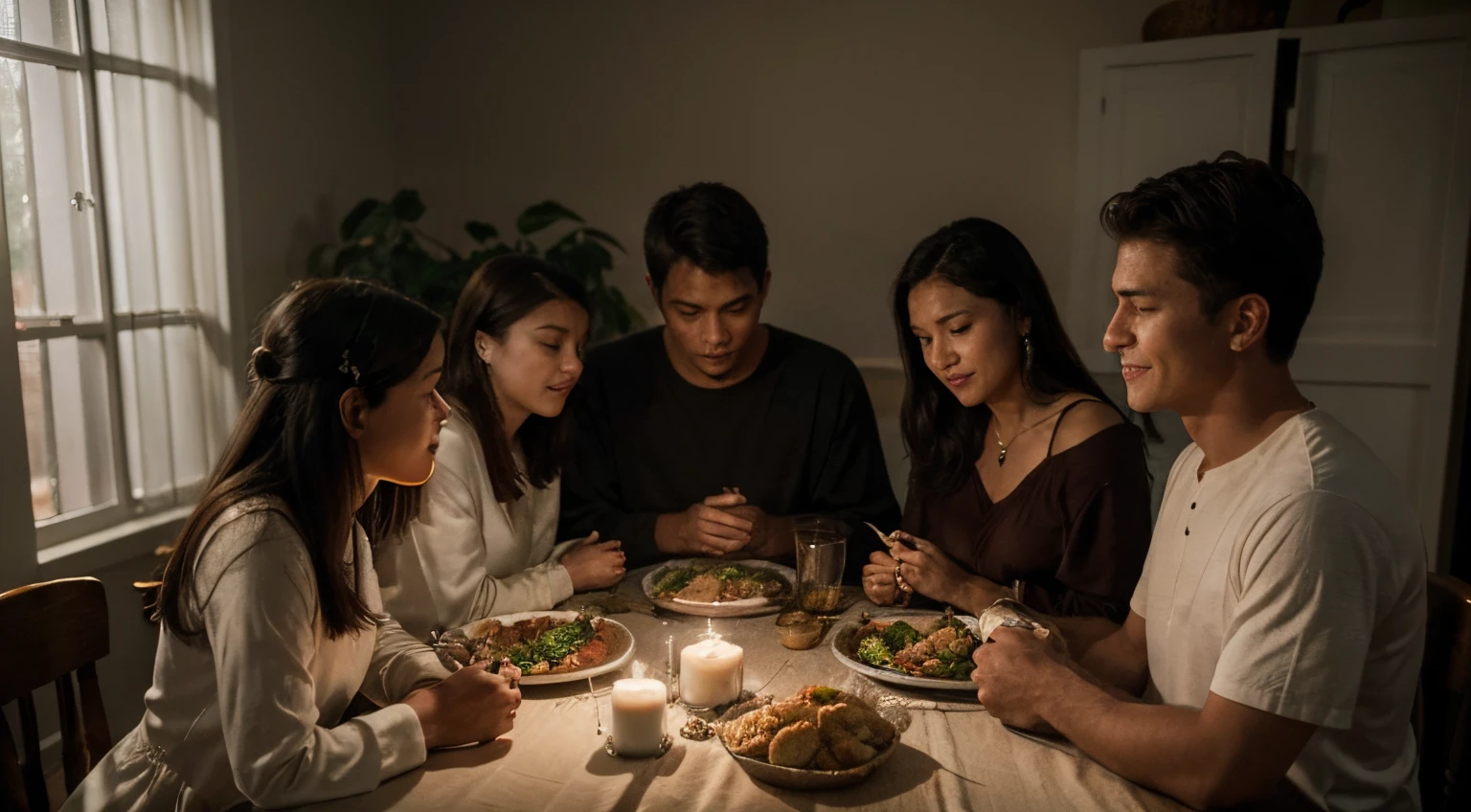 A Christian family gathered around a dinner table, praying before a meal, a moment of shared gratitude and love, ambient candlelight casting soft shadows, capturing the essence of familial bonds, Photography, Nikon D850 with a 35mm lens, f/1.8 aperture, --ar 16:9 --v 5