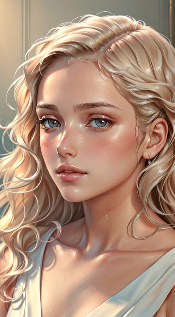 (high quality,portrait,painting),(soft skin,smooth complexion),detailed eyes fine texture,dewy lips,(natural lighting,soft light),subtle blush,sublime expression,wavy hair,neutral backdrop,subtle colors,delicate brushstrokes