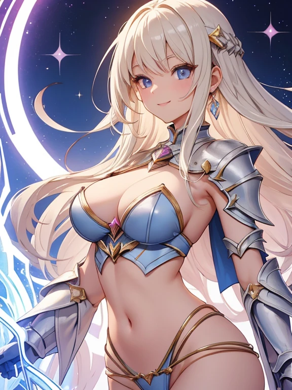 //Character 1girl, gurdian of the divine castle, slim and soft, medium large breast, ultra detailed face, innocent, round face, thin eyeblow, sparkly pupils, translucent skin, extra long hair, blonde hair, curly hair, straight bang, BREAK
//Fashion Her outfit is inspired with the knight of the magical kingdom, divine castle, it connsists sacred divine bikini armor with geometric designs, naughty design, silver cape, her outfit is white with gold trim, pale pink, silver metal, glitter material, sparkling every parts of the armor, thin sword with a delicate handle design, delicate designed helm
BREAK
behavior
(CHEST UP SHOT:1.5), smiling full of compassion, half opened mouth, waiting kiss, intimate relationships