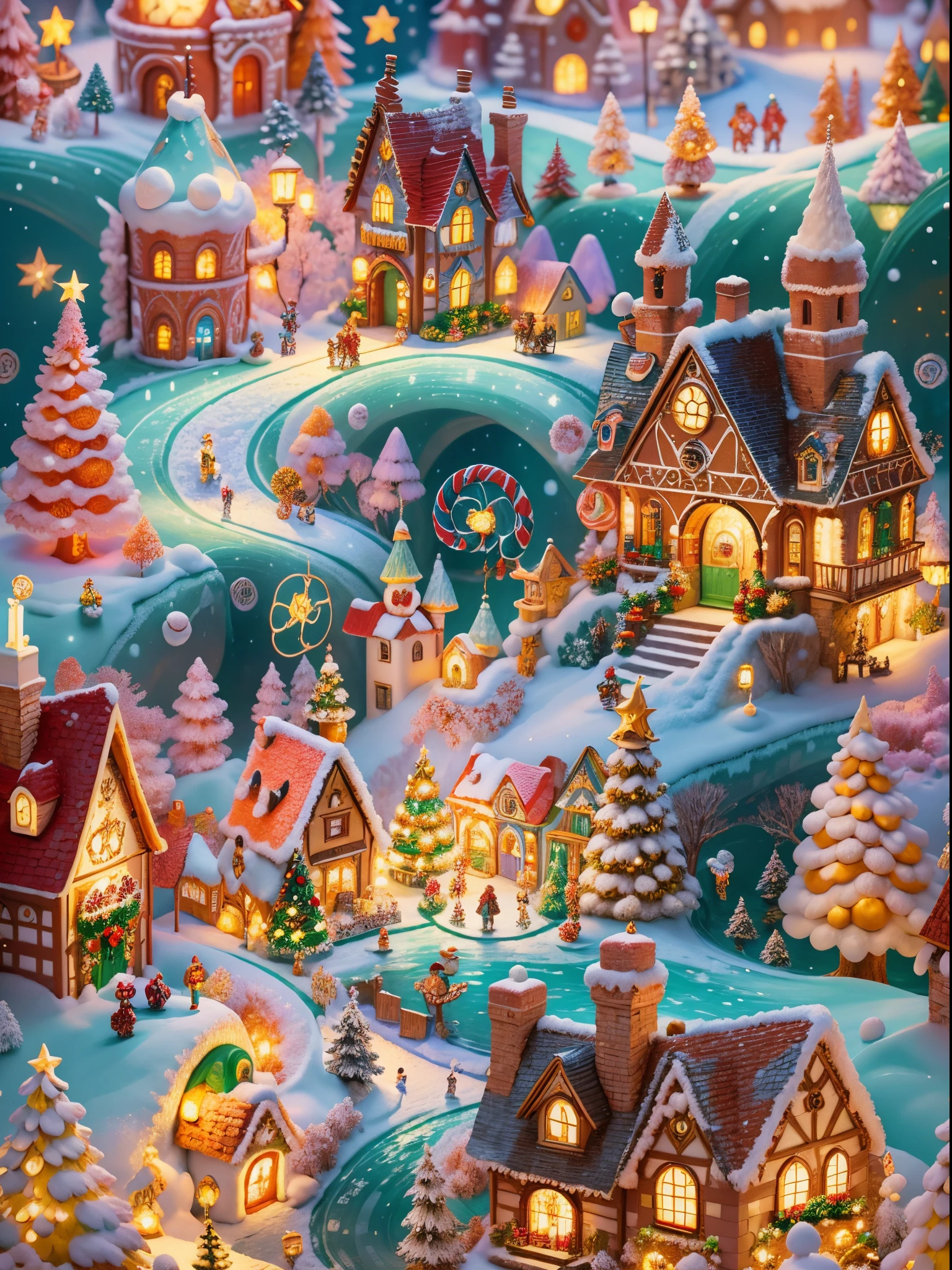 (tmasterpiece),（ultra - detailed：1.3），Best quality at best，（Sparkling:1.2），（Christmas village in dream fairy tale:1.4），(Van Gogh style Christmas architecture: 1.5),（The moon  empty），((Delicious sweets，Christmas tree, gifts, Christmas stockings, cute gingerbread man，chocolate house splash)), Illustration style, and decorations, Fantasy Christmas Town, Lovely design style, natta，snowfield，moon full，Vibrant colors、 ((Whimsical and charming fantasy)), Surreal portrait, (Fantasy themed fairy tale village), (Whimsical clockwork accessories), (Colorful, Landscape full of candy), (enchanting, Fantastic creatures), (A vibrant, candy colored building), (Sweets and Candy Road), (Candy Castle) in distance, (Like a mirror, Asymmetric masterpiece clock accessories), (Rich, fantasticcolors), (Twinkling stars) Elevated, (four dimensional dream), (Charming and charming atmosphere), (Playful composition), (Vivid lighting effects), 1.4x realism，hyper HD，Shown in this beautiful scene，（Very meticulous，Reasonable design，Clear lines，High- sharpness，tmasterpiece，offcial art，movie light effect，8K)