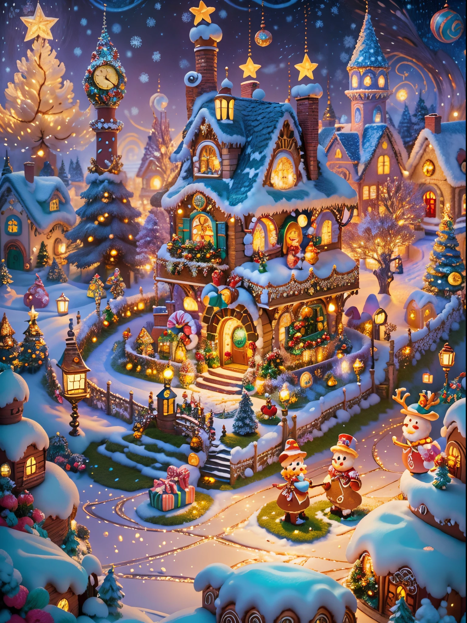 (tmasterpiece),(ultra - detailed:1.3),Best quality at best,(Sparkling:1.2),(Christmas village in dream fairy tale:1.4),(Van Gogh style Christmas architecture: 1.5),(The moon empty),((Delicious sweets,Christmas tree, gifts, Christmas stockings, cute gingerbread man,chocolate house splash)), Illustration style, and decorations, Fantasy Christmas Town, Lovely design style, natta,snowfield,moon full,Vibrant colors、 ((Whimsical and charming fantasy)), Surreal portrait, (Fantasy themed fairy tale village), (Whimsical clockwork accessories), (Colorful, Landscape full of candy), (enchanting, Fantastic creatures), (A vibrant, candy colored building), (Sweets and Candy Road), (Candy Castle) in distance, (Like a mirror, Asymmetric masterpiece clock accessories), (Rich, fantasticcolors), (Twinkling stars) Elevated, (four dimensional dream), (Charming and charming atmosphere), (Playful composition), (Vivid lighting effects), 1.4x realism,hyper HD,Shown in this beautiful scene,(Very meticulous,Reasonable design,Clear lines,High- sharpness,tmasterpiece,offcial art,movie light effect,8K)