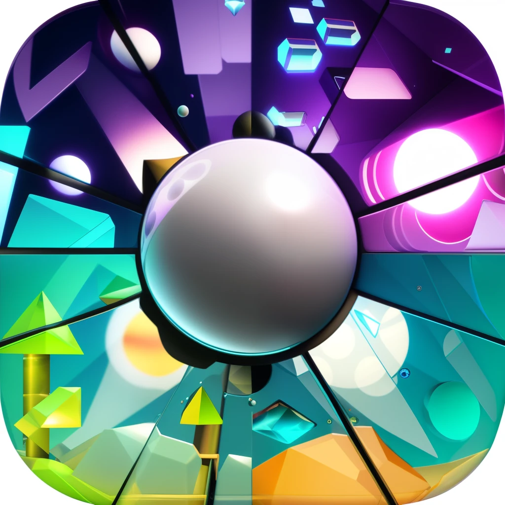 Close-up of a sphere with many shapes of different colors, 3D icon, multiverse portal, infinite crystal ascent, Stylized gaming icons, very trippy and abstract, promotional art, Game icon resources, ball of time, black hole time portal, gameicon, Application icon, very coherent stylized artwork, Broken, assets, spheres