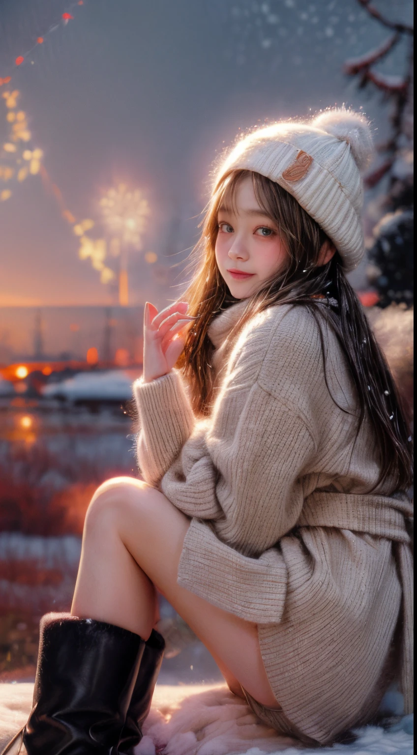 ​masterpiece、8K、32K、top-quality、(A detailed eye)、(A cute Japanese woman、bangss)、23years old、1 girl in、elegent、(Detailed background depiction、portlate:1.2)、(own hands together:1.5)、(illuminations、Snow:1.4)、(bobhair、knit hat)、(wool coat、plaid scarf、a miniskirt:1.2)、beauty legs、Mouton Boots、(Snow:1.4)、(blushed face、Cheerful:1.4)、(Angle from below:1.4)