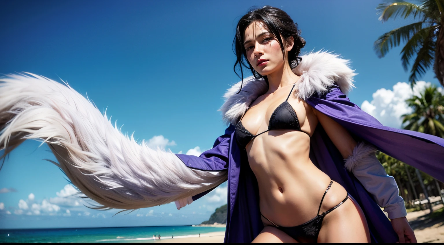 Black hair, yellow eyes, purple outfit, fur collar, standing pose, Merlin, pink lips, underwear, ocean, sun, sand