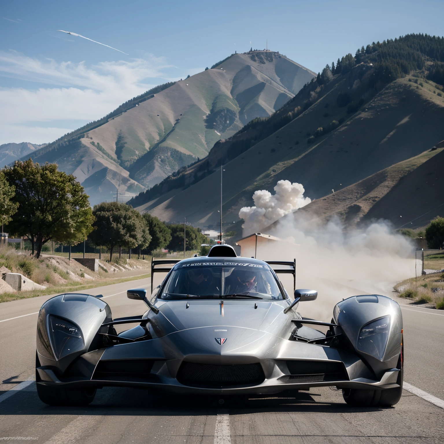 Raketenauto, antrieb durch ein jet-triebwerk, aerodynamisch, farbe silber, formel 1, drives into salt lake