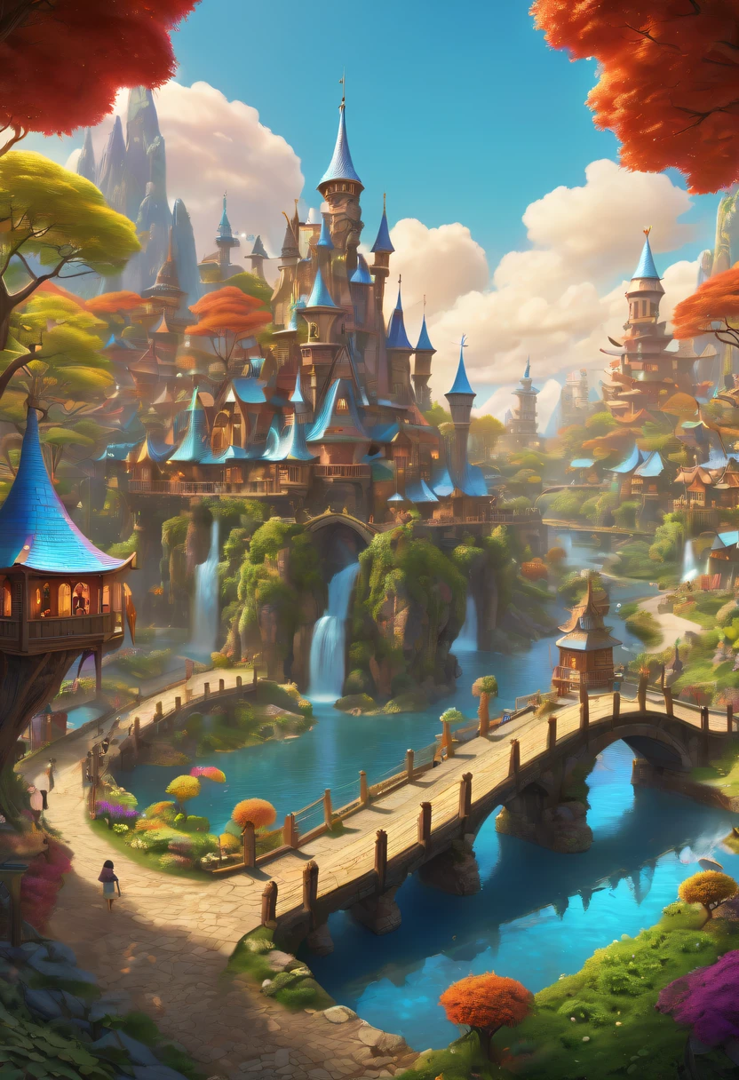 hyper realisitc, stereograms, atmospheric pressure, super detailing, Acura, Best quality, hyper HD, tmasterpiece, Anatomically correct, 16k, A high resolution,Cartoon fairy tale village with rainbow and a girl in a red dress, magicle world. Colorful, Fairy Kingdom Forest, Bustling magic town, magical village, Fantasy Town, Magic fantasy very detailed, medeival fantasy town, intricate rainbow environment, Magical fantasy forest, Whimsical fantasy landscape art, Chuanghui Digital Fantasy Art, Detailed fantasy illustration, Cute and detailed digital art