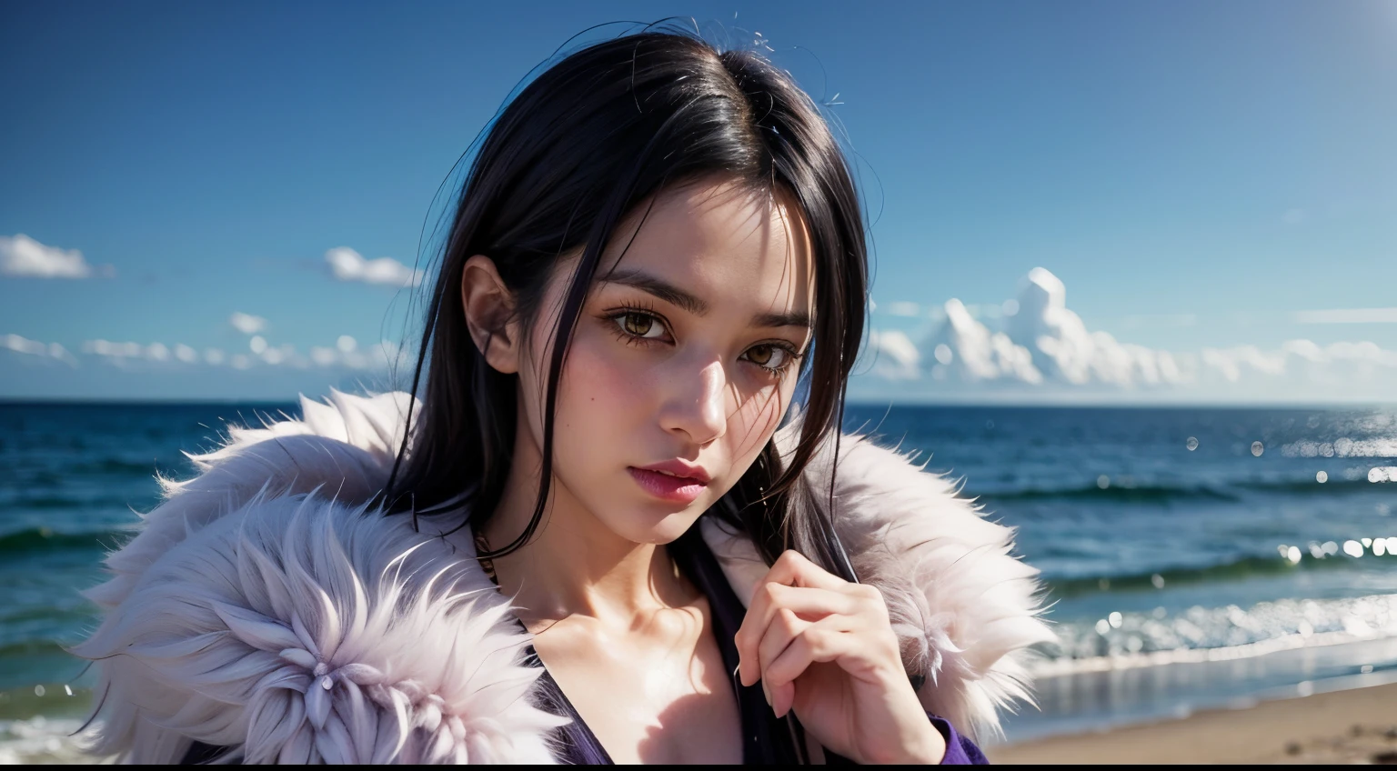 Black hair, yellow eyes, purple outfit, fur collar, standing pose, Merlin, pink lips, underwear, ocean, sun, sand, close-up photo