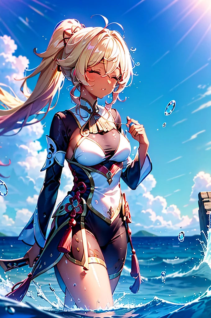 Best quality at best, tmasterpiece, Incredibly beautiful, very elaborate 8K wallpaper, otherworldly beautiful girl, , (Dark skin), (blonde hair pink gradient hair), Side pony, intermittently, Open your mouth and laugh, Long eyelashes, cosmetics, Close her eyes, (zoomout, The large, BigREAK, 夏天, Beachy, (比基尼), Reflection in the water, (Floating water drops blur foreground), (blue-sky), lens flare glow, (water splash), rays of sunshine,