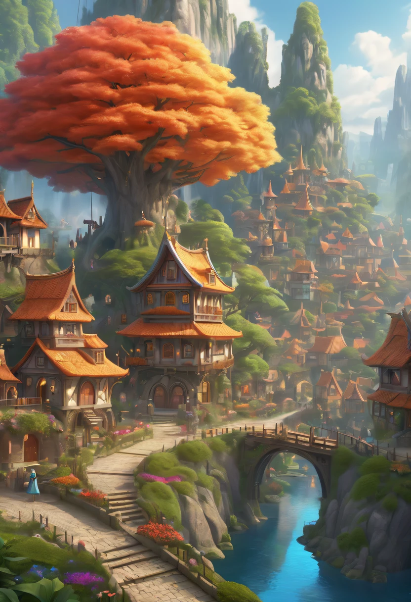 hyper realisitc, stereograms, atmospheric pressure, super detailing, Acura, Best quality at best, hyper HD, tmasterpiece, Anatomically correct, 16k, A high resolution，Cartoon fairy tale village with rainbow and a girl in a red dress, magicle world. Colorful, Fairy Kingdom Forest, Bustling magic town, magical village, Fantasy Town, Magical fantasy  very detailed, medeival fantasy town, intricate rainbow environment, enchanted magical fantasy forest, Whimsical fantasy landscape art, Chuanghui Digital Fantasy Art, Detailed fantasy illustration, Cute and detailed digital art