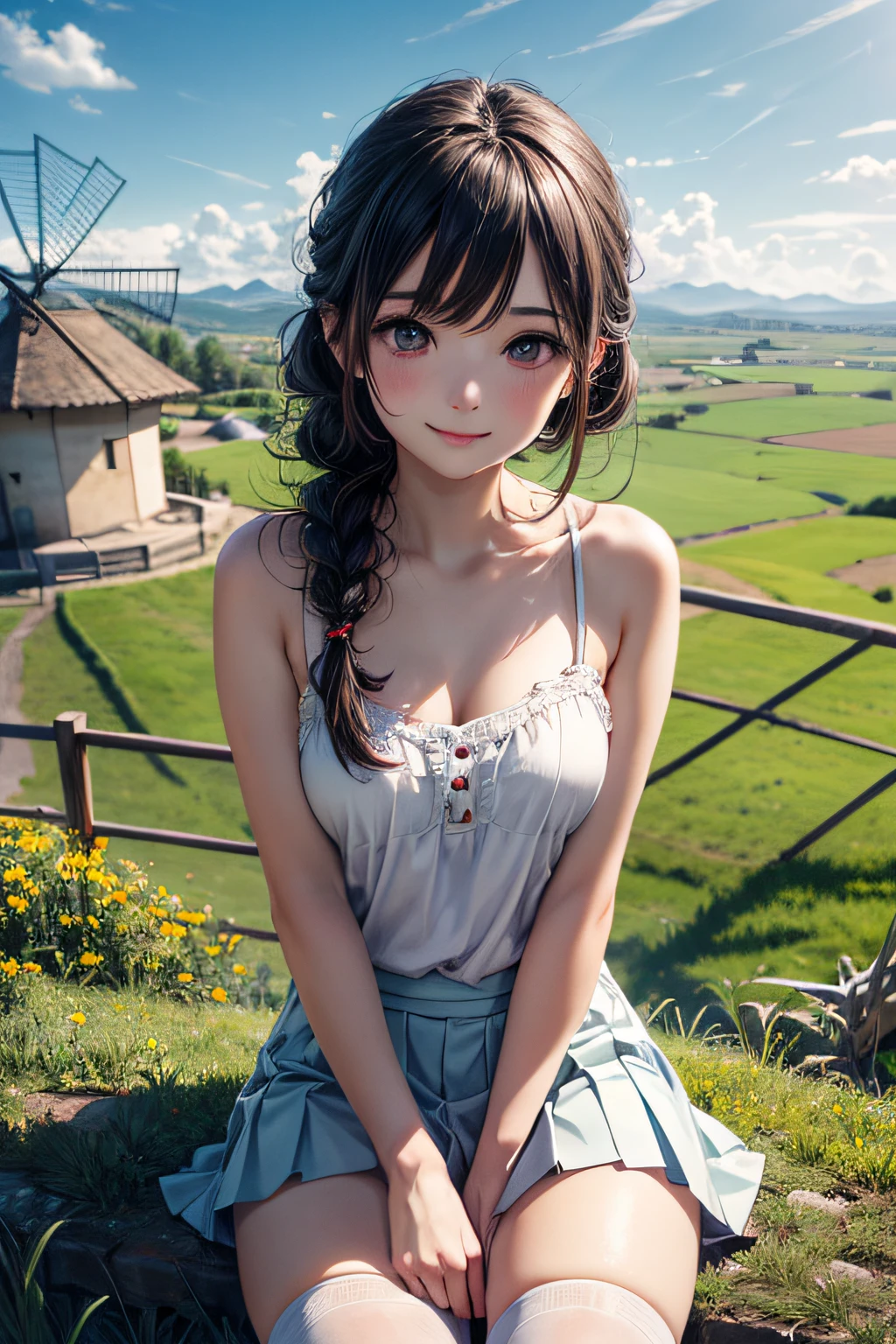 Very cute and beautiful girl,(very detailed beautiful face and eyes:1.2),(Smile),Happy,Looking at Viewer,
White camisole,(Cowboy Shot),Sitting,Spread legs,White panties,zettai ryouiki,(Blue pleated mini skirt),
countryside,grassy fields,On the hill,Small multicolored flowers,Windmills in the distance,Dynamic Angle,Black hair,twin braids,
(Best Quality,masutepiece:1.2),Intricate details,Ultra-detailed,extremely details CG,hight resolution,1 girl,
Natural lighting,Beautiful detailed sky,