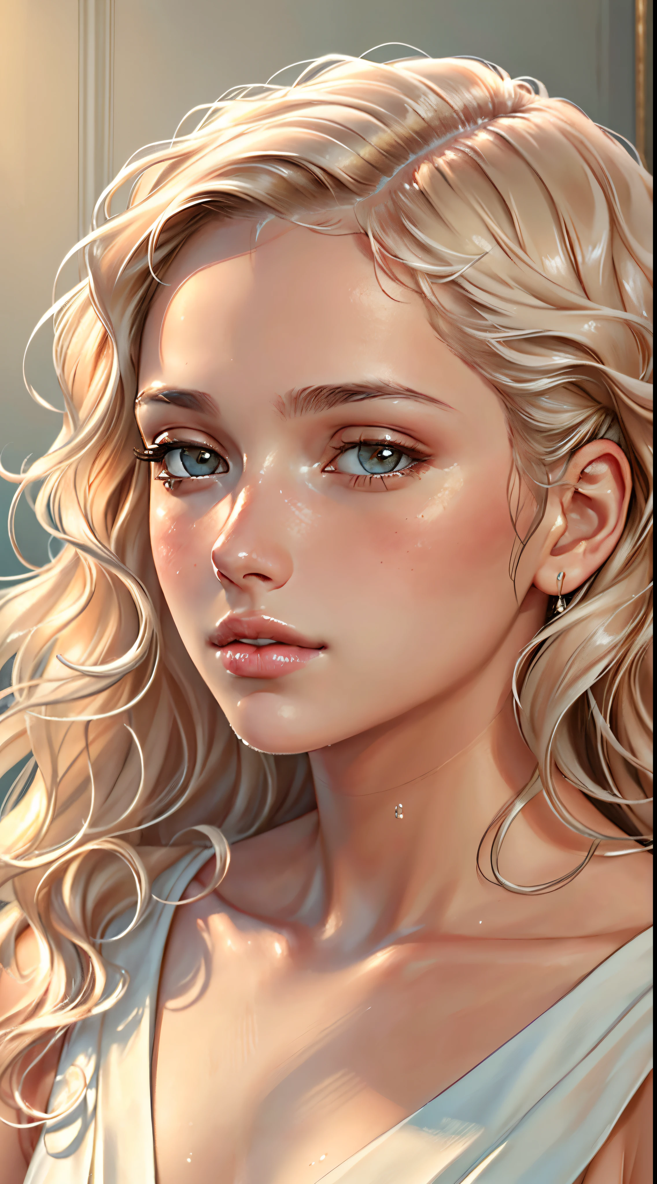 (high quality,portrait,painting),(soft skin,smooth complexion),detailed eyes fine texture,dewy lips,(natural lighting,soft light),subtle blush,sublime expression,wavy hair,neutral backdrop,subtle colors,delicate brushstrokes