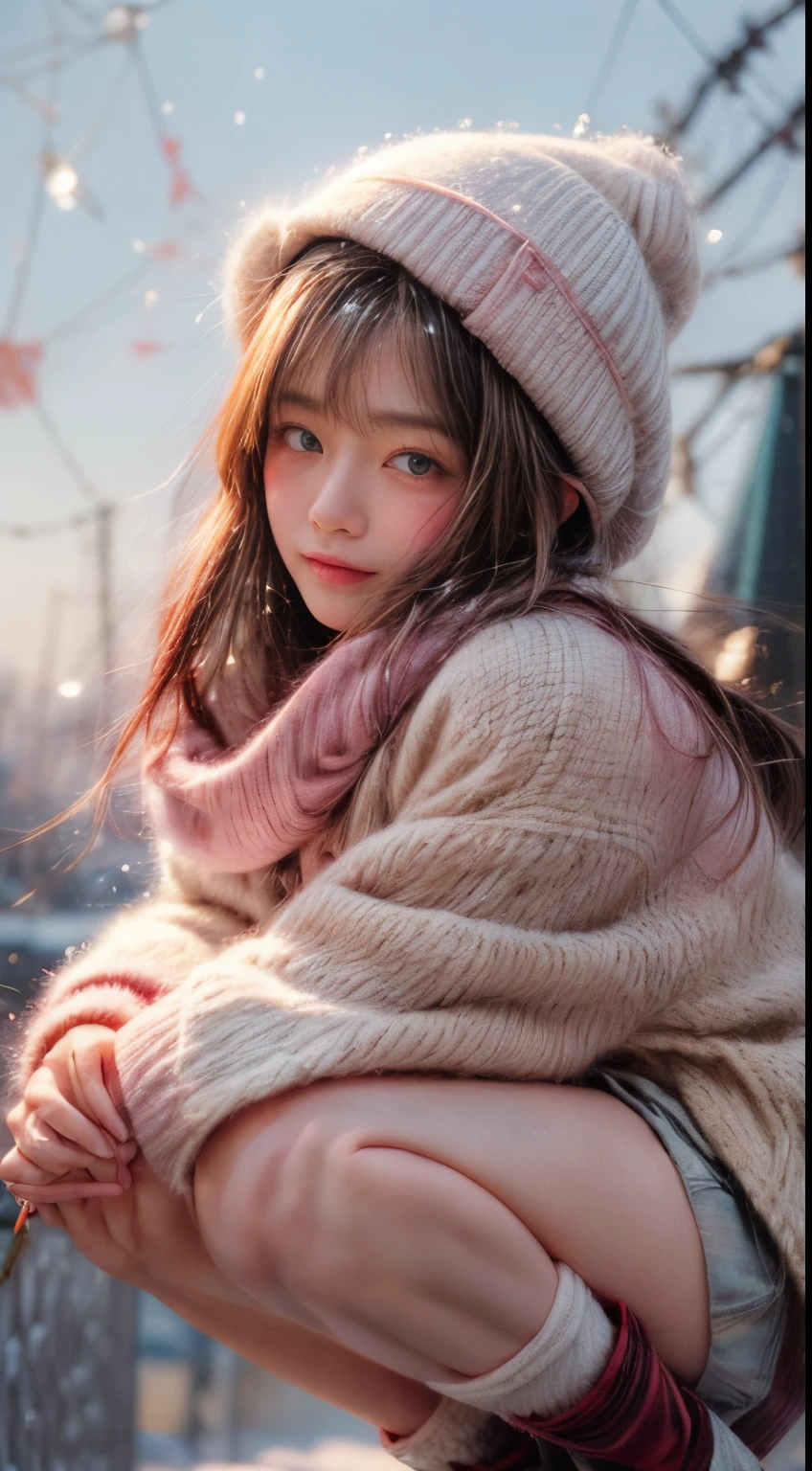 masterpiece、8K、32K、top-quality、(A detailed eye)、(A cute Japanese woman、bangss)、23years old、1 girl in、elegent、(Detailed background depiction、portlate:1.2)、(own hands together:1.5)、(illuminations、Snow:1.4)、(bobhair、knit hat)、(wool coat、plaid scarf、a miniskirt:1.2)、(Snow:1.4)、(blushed face、Cheerful:1.4)、(Angle from below:1.4)