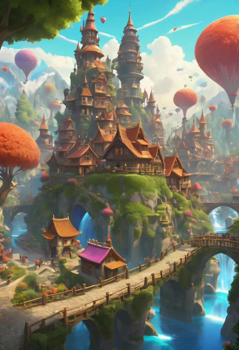 hyper realisitc, stereograms, atmospheric pressure, super detailing, Acura, Best quality at best, hyper HD, tmasterpiece, Anatomically correct, 16k, A high resolution,Cartoon fairy tale village with rainbow and a girl in a red dress, magicle world. Colorful, Fairy Kingdom Forest, Bustling magic town, magical village, Fantasy Town, Magical fantasy very detailed, medeival fantasy town, intricate rainbow environment, enchanted magical fantasy forest, Whimsical fantasy landscape art, Chuanghui Digital Fantasy Art, Detailed fantasy illustration, Cute and detailed digital art
