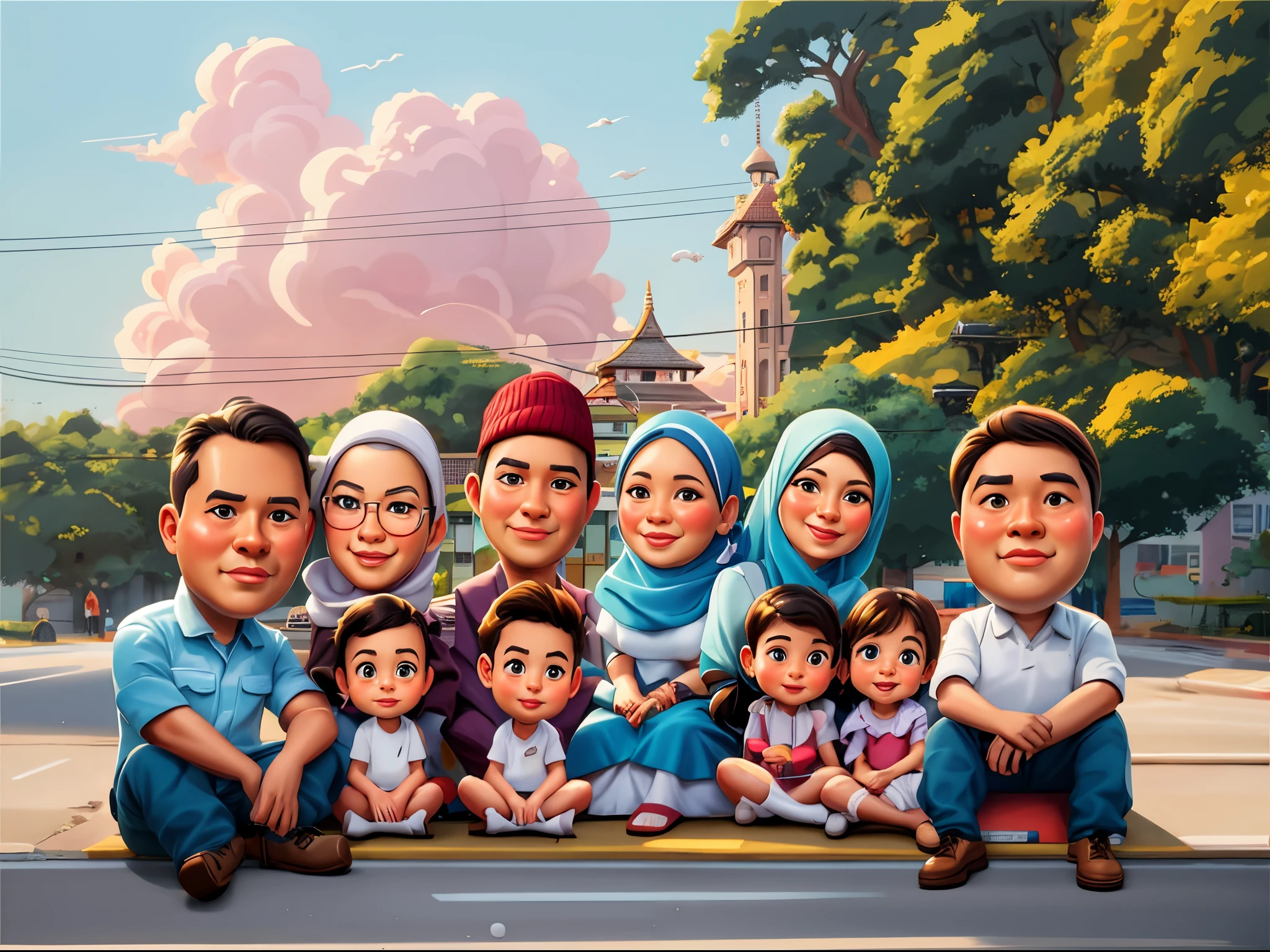 there are many people sitting on the curb of a street, caricature illustration, an indonesian family portrait, in cartoon style, cartoon art, realistic cartoon, digital art cartoon, cartoon digital painting, cartoon digital art, happy family, caricature style, cartoon style illustration, digital cartoon painting art, cartoon portrait, potrait, cartoon painting, cartoon artstyle, caricature, family portrait, hiperrealism:1.1, detail:1.2,bokeh