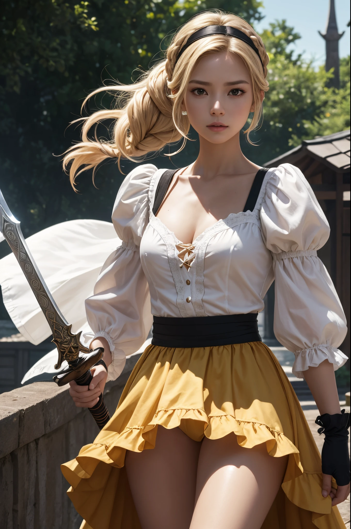 8K、of the highest quality、masutepiece、超A high resolution、(Photorealsitic:1.4)、1 maid、toddlewith sword,blonde short perm hair、small breasted maid,Super beauty(Like the real thing)Ruffled headband、poneyTail、Braided hair、frilled blouse、Ribbon Ties、 Pinnafor、long skirt、puff sleeves、white silk ankle sokril、glistning skin、 outside the big blue and white mansion、Sharp eye light,deadpan,beatiful backgrounds,超A high resolution,super realistic skin,Beautiful expression,Fantasyart,reallistic,super detailing,ultra -detail,character art,Glaring at the viewer,Holding a big sword,action scene,Battle scenery,Fighting attitude,