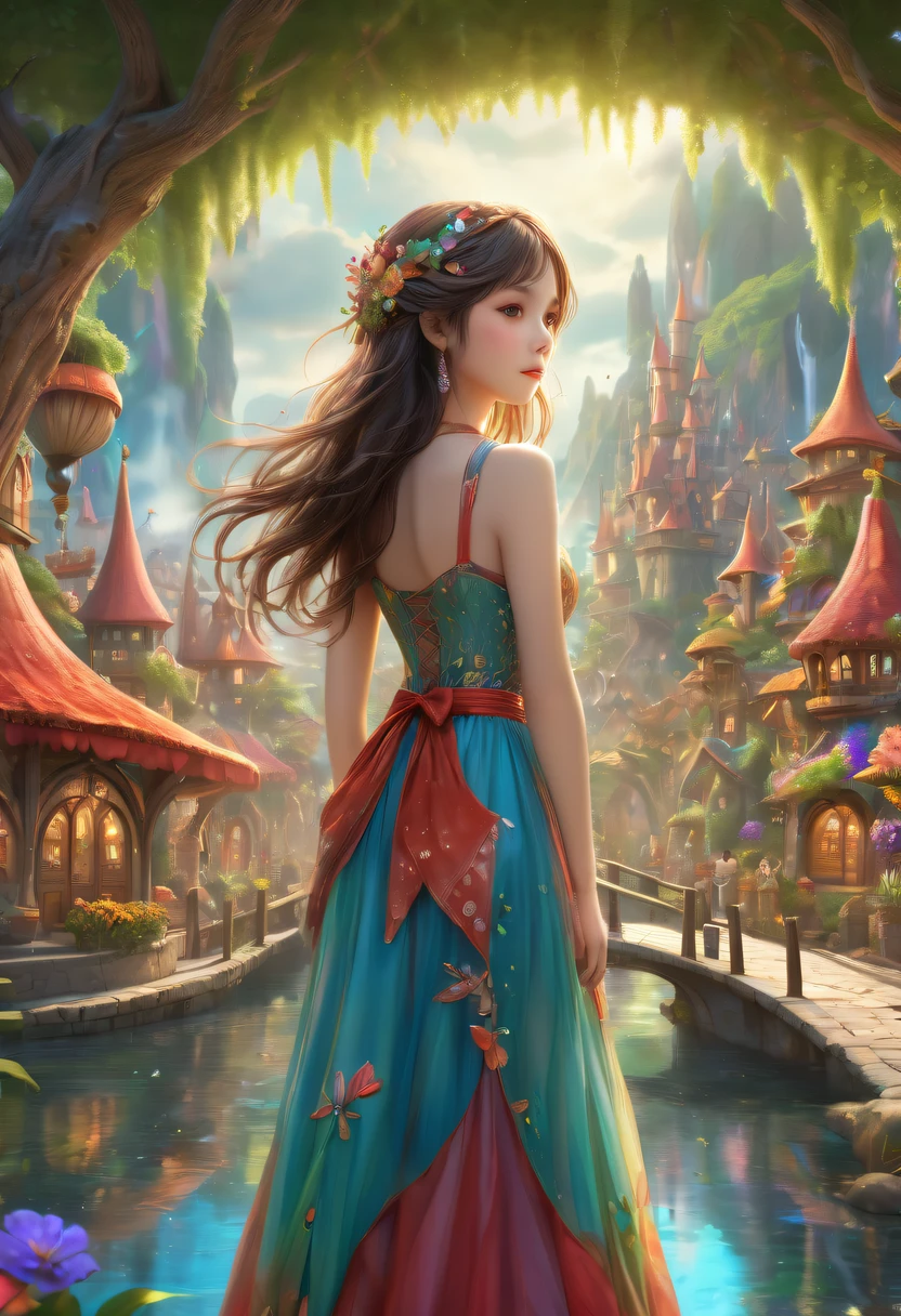 hyper realisitc, stereograms, atmospheric pressure, super detailing, Acura, Best quality at best, hyper HD, tmasterpiece, Anatomically correct, 16k, A high resolution,Cartoon fairy tale village with rainbow and a girl in a red dress, magicle world. Colorful, Fairy Kingdom Forest, Bustling magic town, magical village, Fantasy Town, Magical fantasy very detailed, medeival fantasy town, intricate rainbow environment, enchanted magical fantasy forest, Whimsical fantasy landscape art, Chuanghui Digital Fantasy Art, Detailed fantasy illustration, Cute and detailed digital art