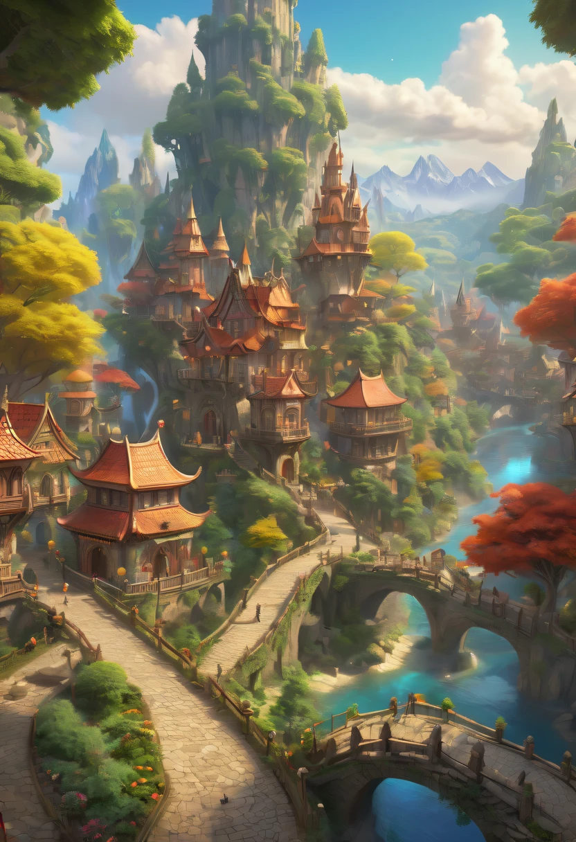 hyper realisitc, stereograms, atmospheric pressure, super detailing, Acura, Best quality at best, hyper HD, tmasterpiece, Anatomically correct, 16k, A high resolution,Cartoon fairy tale village with rainbow and a girl in a red dress, magicle world. Colorful, Fairy Kingdom Forest, Bustling magic town, magical village, Fantasy Town, Magical fantasy very detailed, medeival fantasy town, intricate rainbow environment, enchanted magical fantasy forest, Whimsical fantasy landscape art, Chuanghui Digital Fantasy Art, Detailed fantasy illustration, Cute and detailed digital art