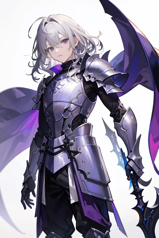highres,high quality,best quality,detailed,1boy,solo,standing,fantasy,white background, background, character design,tachi-e,gray hair,medium hair,wavy hair, purple eyes,knight, slightly armor, ager,
