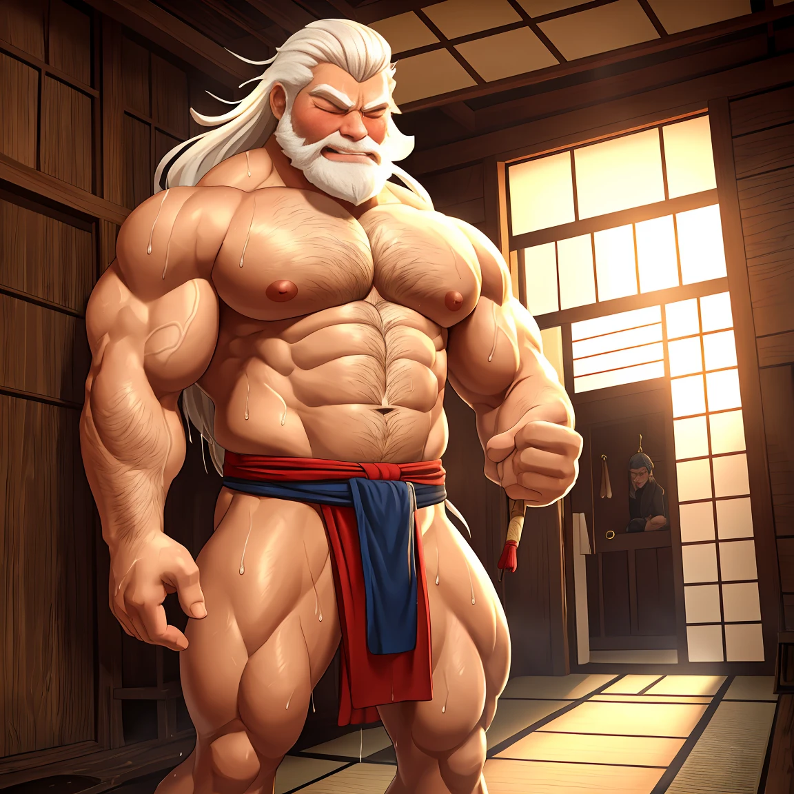 (Best quality, A high resolution, ultra - detailed, Muscular old man wearing only traditional Japanese loincloth, incense, Carve figures, Energetic yet awkward expression, Blushing with eyes closed, Completely wet from head to toe, Translucent clothing, No explicit or harmful content, fully body photo, tmasterpiece, Enigmatic Atmosphere, In a deserted alley, Long hair muscles, Grow a beard, White hair, musculous, Extremely embarrassed and unwilling, Effectiveness of the Human Development Report, strong contrasts, true description, Enlarge details, Professional color, Bright shades, gentlesoftlighting),Angry,A little scared,Two-dimensional painting style,japan manga style,sharpy face,white body fur,Rich details,Multiple chest hair,Polysomal hair,press on woman,clench one's teeth,teeth showing,sweat profusely