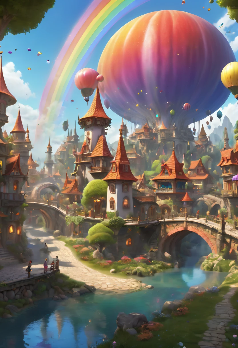hyper realisitc, stereograms, atmospheric pressure, super detailing, Acura, Best quality at best, hyper HD, tmasterpiece, Anatomically correct, 16k, A high resolution,Cartoon fairy tale village with rainbow and a girl in a red dress, magicle world. Colorful, Fairy Kingdom Forest, Bustling magic town, magical village, Fantasy Town, Magical fantasy very detailed, medeival fantasy town, intricate rainbow environment, enchanted magical fantasy forest, Whimsical fantasy landscape art, Chuanghui Digital Fantasy Art, Detailed fantasy illustration, Cute and detailed digital art