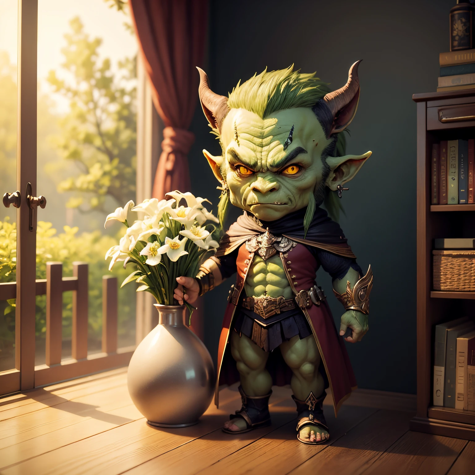 masterpiece、top-quality、ultra-detailliert、(chibi character orc 1.3)、terror、Insidious、anguish、fairy tale forest、Sunlight、Full-body standing figure、Holding a gorgeous bouquet of lilies