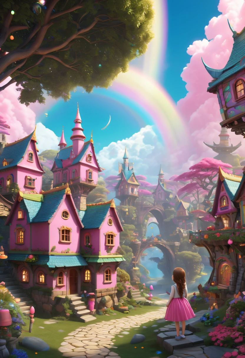 hyper realisitc, stereograms, atmospheric pressure, super detailing, Acura, Best quality at best, hyper HD, tmasterpiece, Anatomically correct, 16k, A high resolution,Pink space,1Blittle girl,Located in magical village,Enchanted Forest Village,Village built with building blocks,Intricate fantasy town, looking for lost treasure,Geometric space,Unordered regular three-dimensional pattern,There are tons of little dollhouses and buildings,Space for the rainbow,fantasy color fantasy treasure hunt fantasy,Mysterious treasure,Sparkling treasure,great digital painting(scybernetic), art stations, Detailed pubic hair, 复杂, Mathil, number art, k hd, 8K, Whimsical fantasy landscape art, Ultra-detailed fantasy,Big breasts are beautiful, high high quality,electronic 8k