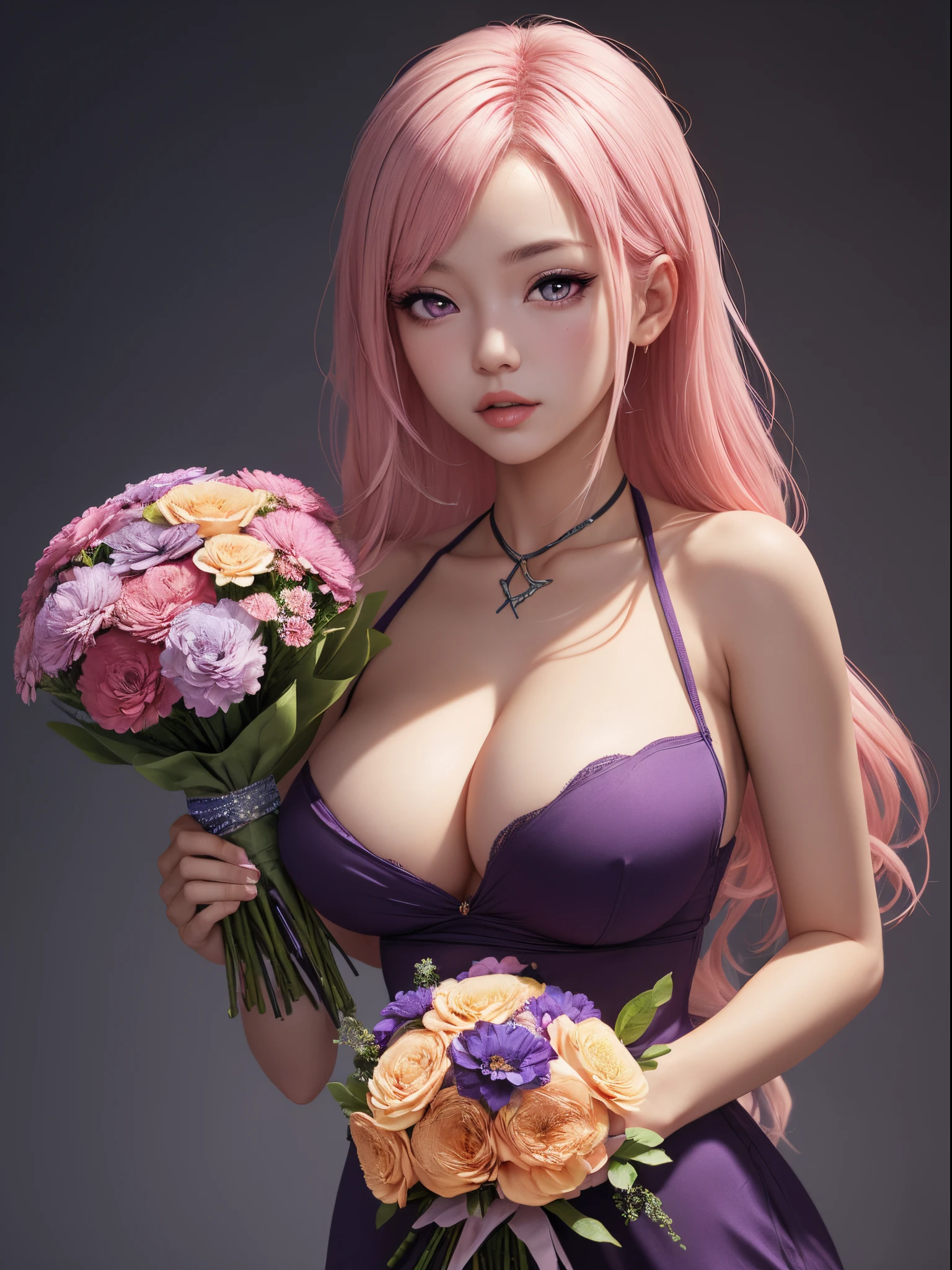 (Ultra detailed backgrounds, detailedbackground), absurd res, A high resolution, ultra - detailed, extremely detaile, 1个Giant Breast Girl, YaeMiko, with pink hair, a purple eye, (A bouquet of flowers:1.3), (Tangled:1.2), (Geometric:1.2),(Colorful),