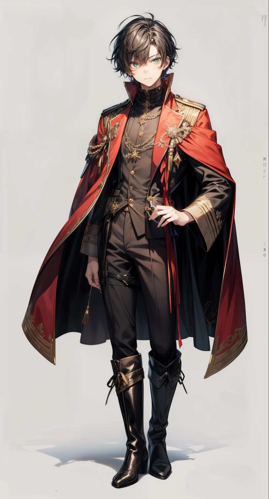 ((Man in black costume))、anime full body illustration、anime character design、Official Character Art、fullllbody、Best Character Design、Black hair、full body Esbian、Character design and costumes、Standing picture、((Fantasia))、((white backgrounid))、((Plain background))、face forwards、Otome game strategy character、prinz、Prince's clothes、talk about style、(((Earth boy wearing long boots)))、Red and black clothes,,mantle,Bangs swept to the side,Pretty Face, Emerald green eyes