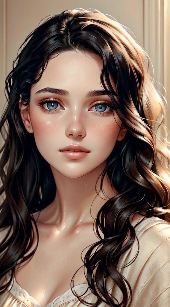 (high quality,portrait,painting),(soft skin,smooth complexion),detailed eyes fine texture,dewy lips,(natural lighting,soft light),subtle blush,sublime expression,wavy hair,neutral backdrop,subtle colors,delicate brushstrokes, beautiful, woman, black hair, long hair, azur eyes, pale skin