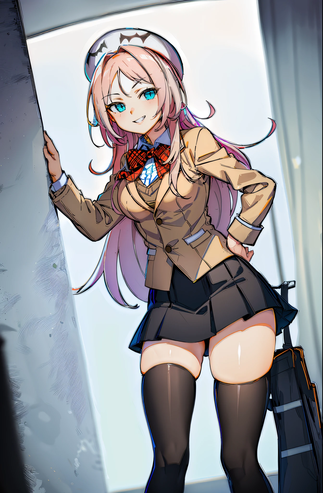 drakoi, 1girl, thighhighs, long hair, pink hair, school uniform, smile, hat, skirt, black thighhighs, large breasts, hand on hip, blazer, bow, fullbody, standing