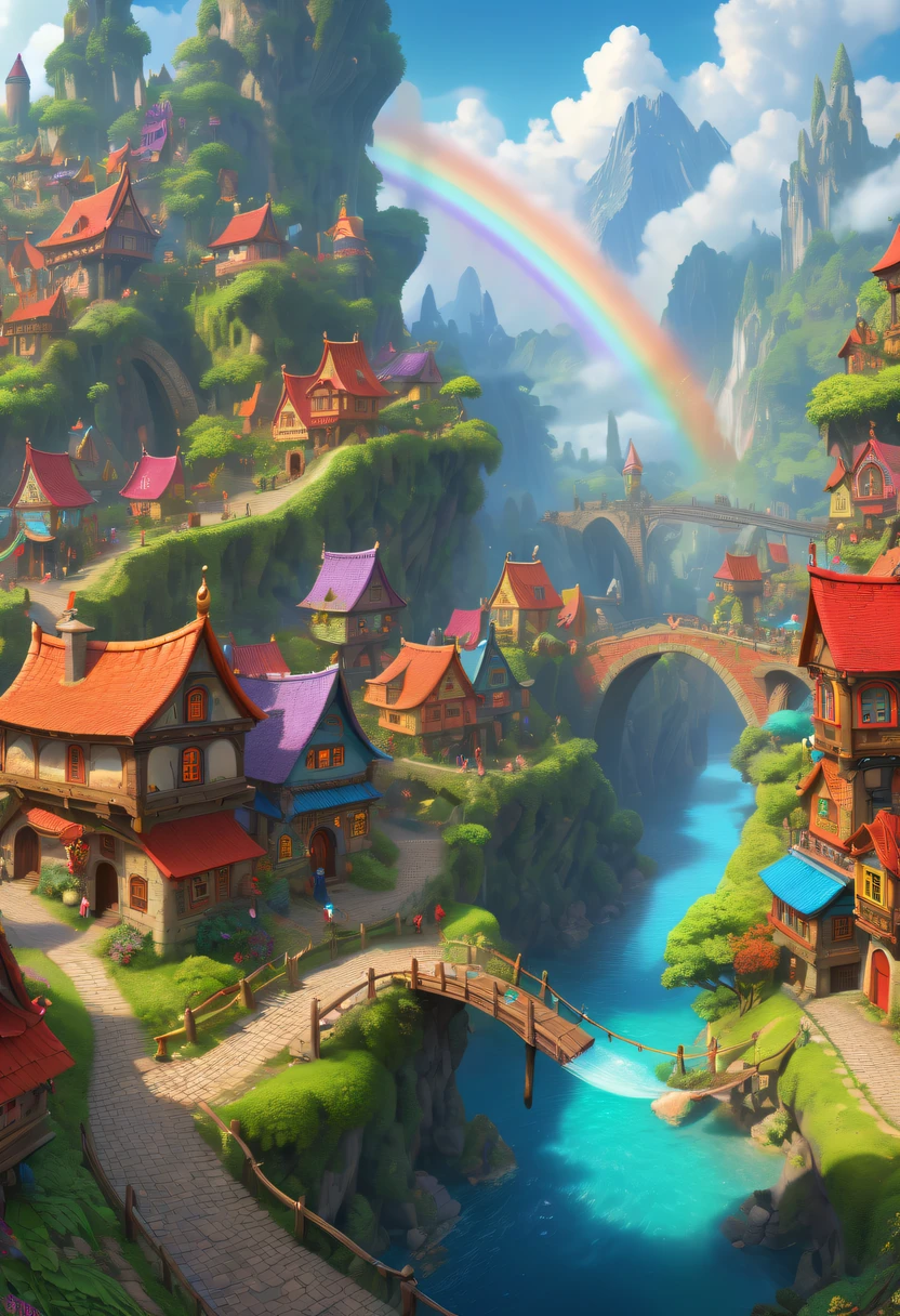 hyper realisitc, stereograms, atmospheric pressure, super detailing, Acura, Best quality at best, hyper HD, tmasterpiece, Anatomically correct, 16k, A high resolution,Cartoon fairy tale village with rainbow and a girl in a red dress, magicle world. Colorful, Fairy Kingdom Forest, Bustling magic town, magical village, Fantasy Town, Magical fantasy very detailed, medeival fantasy town, intricate rainbow environment, enchanted magical fantasy forest, Whimsical fantasy landscape art, Chuanghui Digital Fantasy Art, Detailed fantasy illustration, Cute and detailed digital art