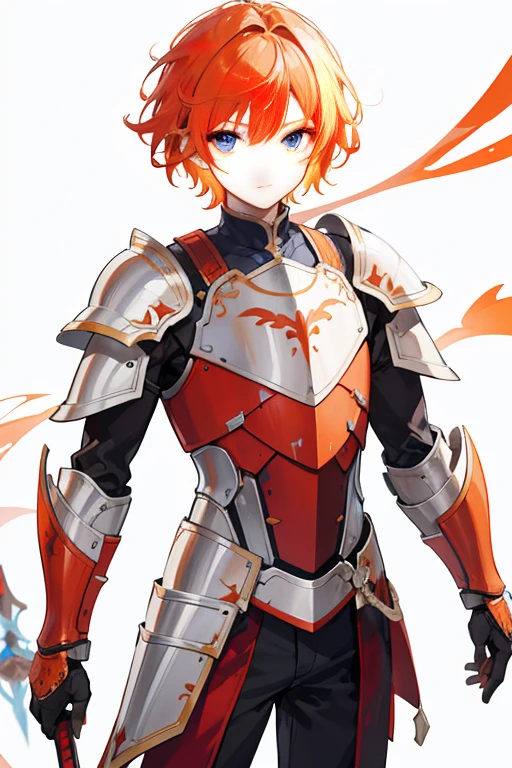 highres,high quality,best quality,detailed,1boy,solo,standing,fantasy,white background, background, character design,tachi-e,orange hair,short hair,wavy hair,light blue eyes,knight, slightly armor,red armor,