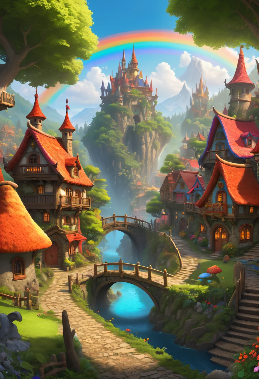 hyper realisitc, stereograms, atmospheric pressure, super detailing, Acura, Best quality at best, hyper HD, tmasterpiece, Anatomically correct, 16k, A high resolution,Cartoon fairy tale village with rainbow and a girl in a red dress, magicle world. Colorful, Fairy Kingdom Forest, Bustling magic town, magical village, Fantasy Town, Magical fantasy very detailed, medeival fantasy town, intricate rainbow environment, enchanted magical fantasy forest, Whimsical fantasy landscape art, Chuanghui Digital Fantasy Art, Detailed fantasy illustration, Cute and detailed digital art