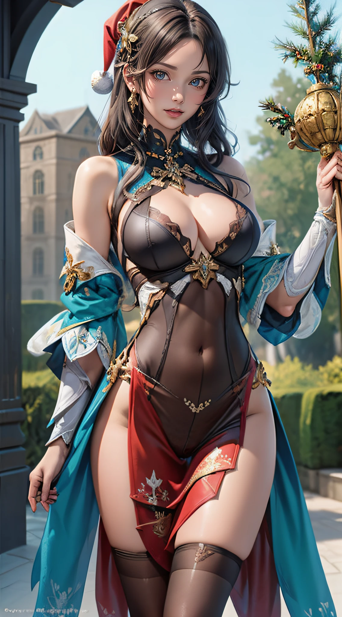 1girl in,(Ultra detailed skin),Curve,Petite,Beautiful breasts,Large breasts,pale skin,pointed breast,Erect nipples,(Fantasy Art,Highest image quality,Hyperrealist portrait,(8K),Ultra-realistic,Best Quality, High quality, High Definition, high quality texture,high detailing,Beautiful detailed,fine detailed,extremely details CG,Detailed texture,realistic representation of face,masutepiece,presence,Dynamic,Bold),(Thin hair),(Soft hair),(Straight hair:1.5),Swept long bangs,Extra bright coppery amber hair,Hair over one eye,((Clothed:1.5),Leather boots,Leather Gauntlet,(santa dress armor:1.5),(Long Silk Salon:1.5)))