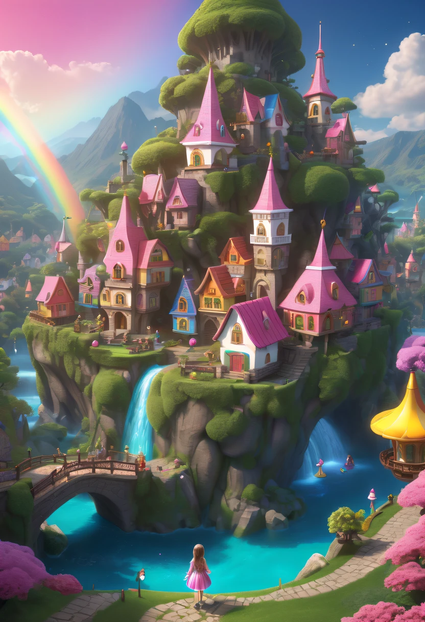hyper realisitc, stereograms, atmospheric pressure, super detailing, Acura, Best quality at best, hyper HD, tmasterpiece, Anatomically correct, 16k, A high resolution,Pink space,1Blittle girl,Located in magical village,Enchanted Forest Village,Village built with building blocks,Intricate fantasy town,Little girl looking for lost treasure,Geometric space,Unordered regular three-dimensional pattern,There are tons of little dollhouses and buildings,Space for the rainbow,fantasy color fantasy treasure hunt fantasy,Mysterious treasure,Sparkling treasure,great digital painting(scybernetic), art stations, Detailed pubic hair, 复杂, Mathil, number art, k hd, 8K, Whimsical fantasy landscape art, Ultra-detailed fantasy,Big breasts are beautiful, high high quality,electronic 8k