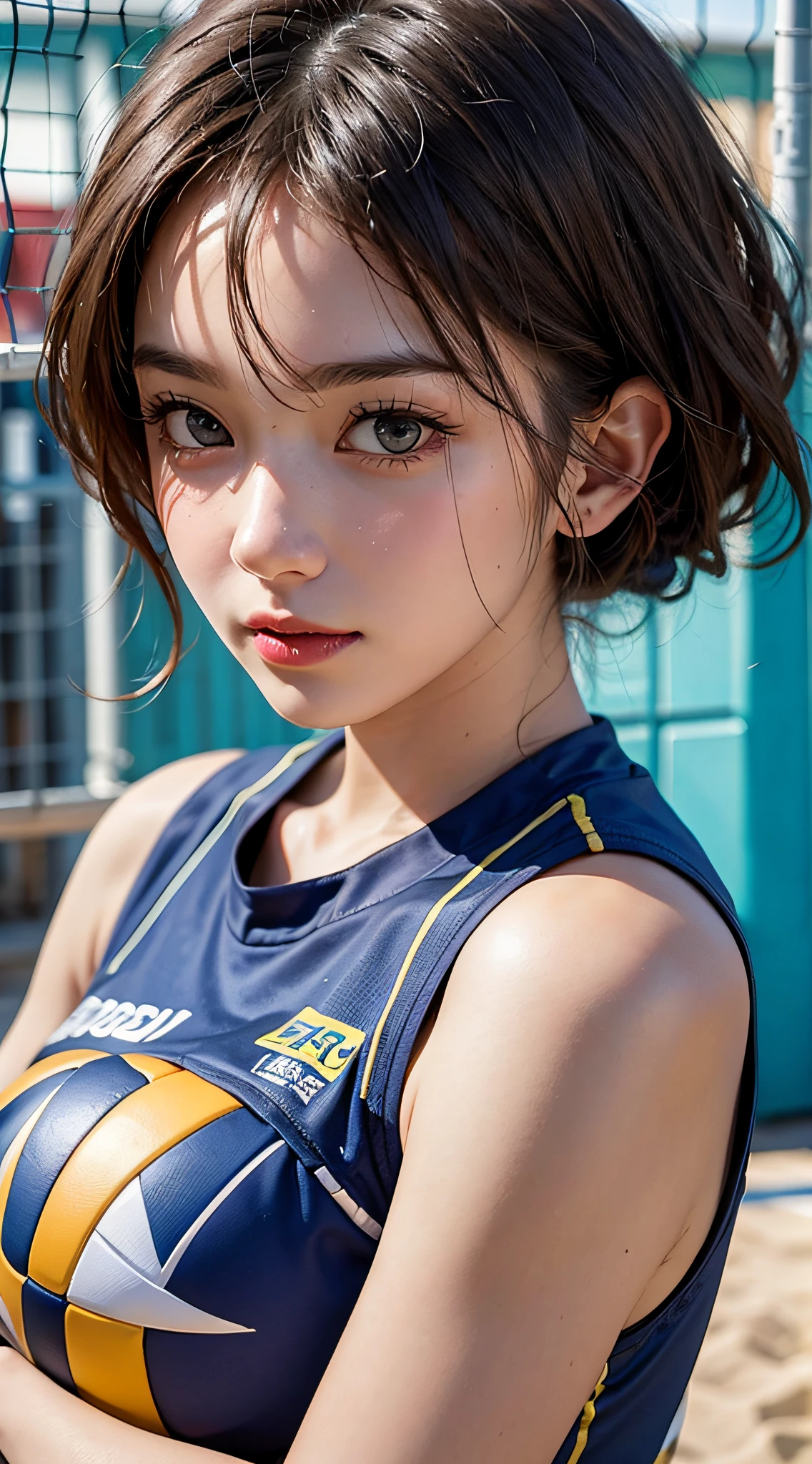 (a closeup:1.4)、(Raw photography:1.2)、(Photorealsitic:1.4)、(masterpiece:1.3)、(top-quality:1.4)、(Beautiful woman with perfect body:1.4)、Japan Young Women、独奏、(kawaii:1.2)、(FULL BODYSHOT)、(middlebreasts:1.3)、beauty breast、Smile full of happiness、(Volleyball uniform:1.3)、(beautifully detailed eyes)、(charming big eyes)、(beautiful double eyelid)、(beautiful and detailed face)、(short-hair:1.2)、(beautiful small ass)、(perfect anatomia:1.2)、Sweating、Expression in a state of excitement、Volleyball player、cowboy shot、Volleyball in hand、Looks Back、beachvolley、Volleyball Court、