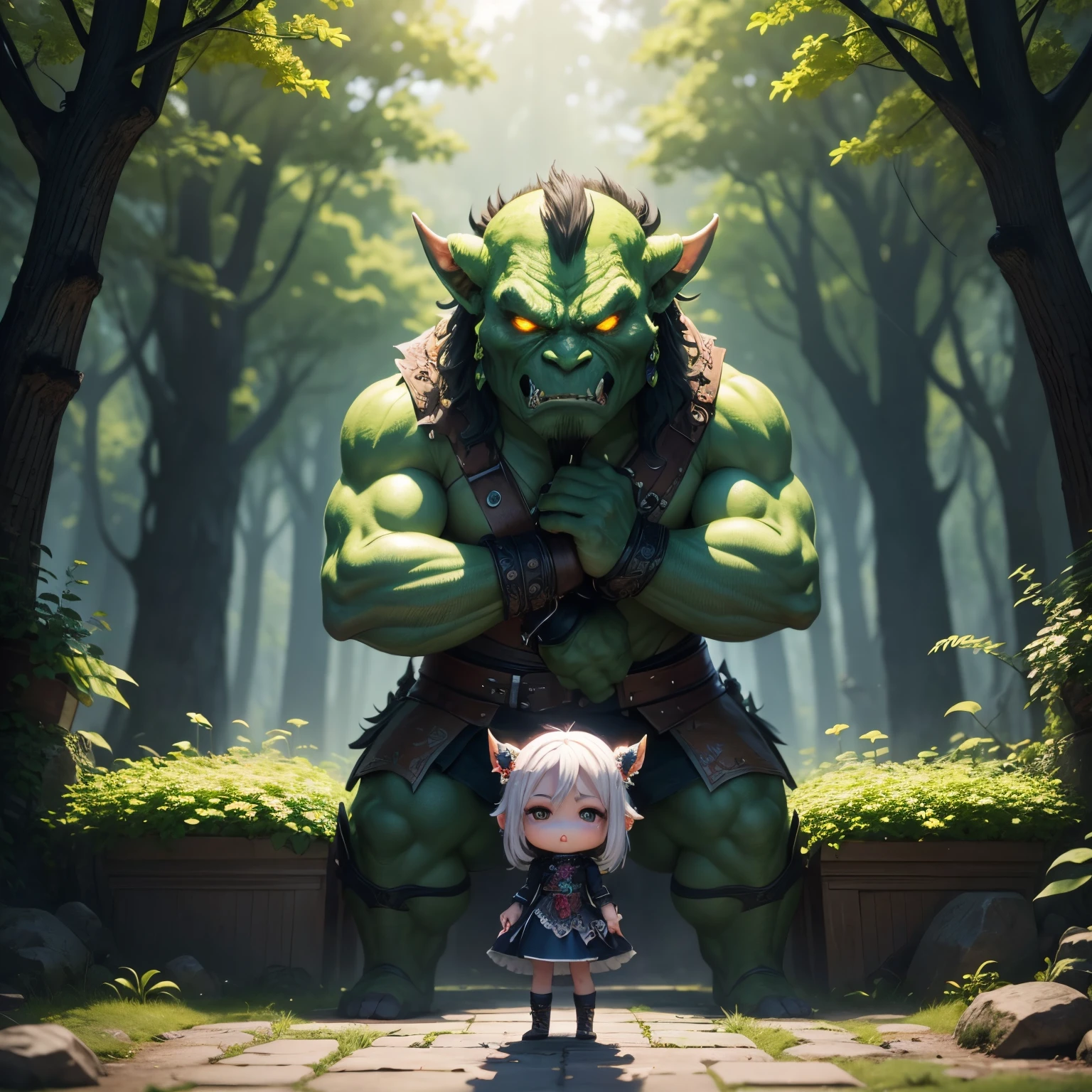 masterpiece、top-quality、ultra-detailliert、(chibi character orc 1.3)、terror、Insidious、anguish、fairy tale forest、Sunlight、Full-body standing figure、Holding a gorgeous bouquet of lilies