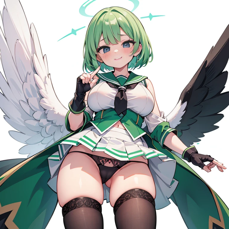 masterpiece, high definition, light green hair, short haircut, black eyes, white heart pupils, smiling, blushing, light green sailor suit, black fingerless gloves, over knee socks, backwards, one leg raised, only face looking towards camera, white background, cute, Girl seen from the floor, It's okay to wear a skirt, View from below, I can see my panties, medium breasts, ((Very detailed)), (Perfectly detailed face), (Highly detailed hands),Black panty,up skirt,Lace panties on top of a huge dick